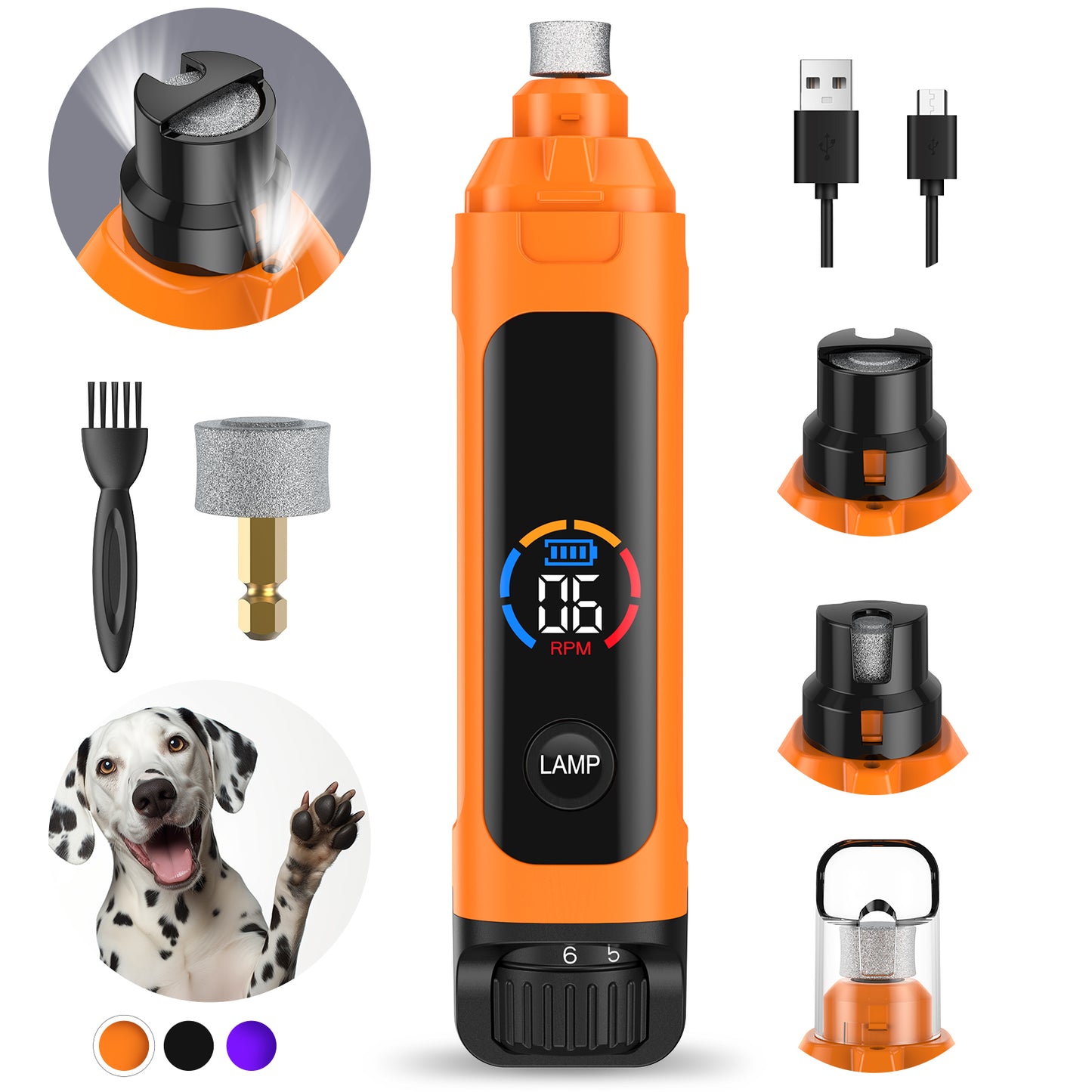 LAKWAR Dog Nail Grinder,6-Speed Pet Nail Grinder W/Light Quiet Rechargeable Electric Dog Nail Trimmer Painless Paws Grooming & Smoothing Tool for Large Medium Small Dogs(Orange)