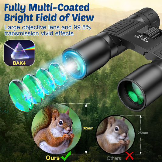 Compact Binoculars for Adults and Kids -12x32 Large View Small Floding Lightweight Binoculars for Bird Watching Concert Hunting Waterproof/Fogproof/Shockproof Binoculars