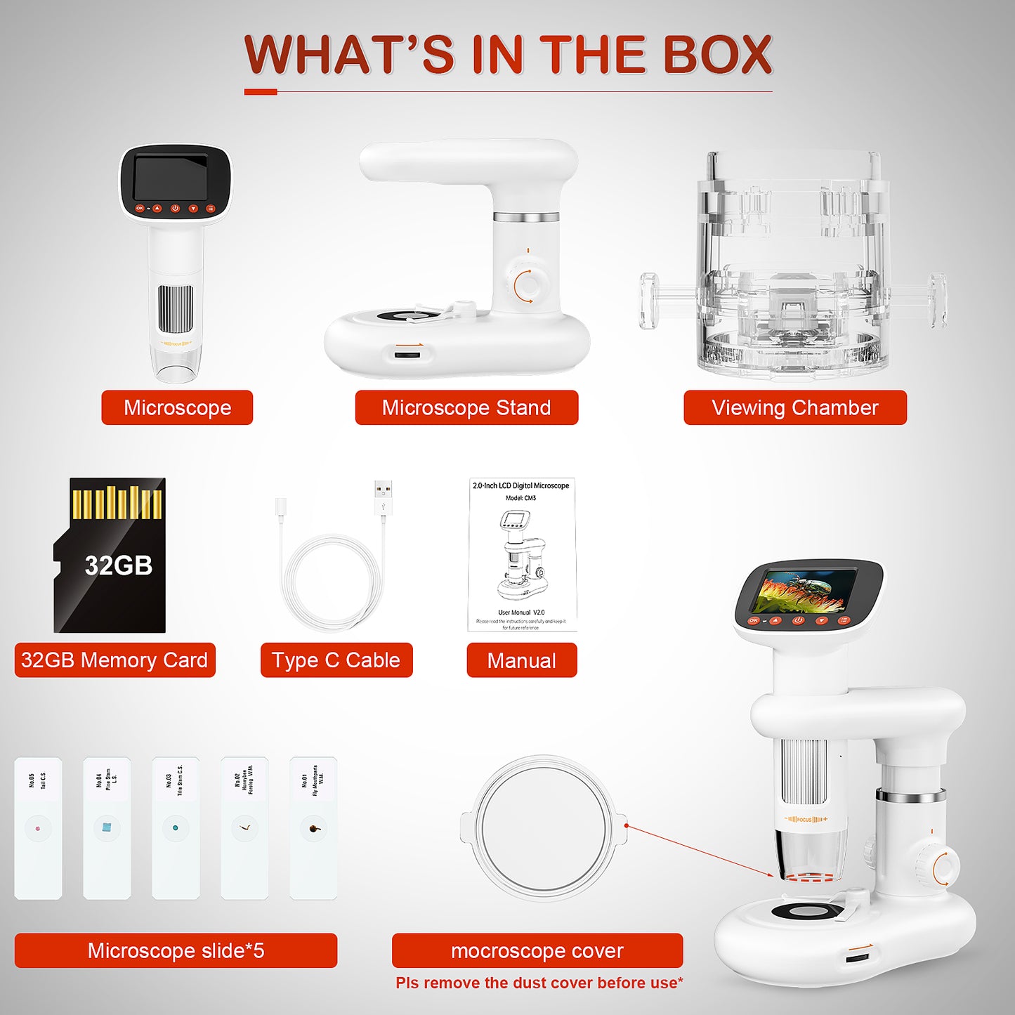 1000X Digital Micorscope 2'' IPS Screen,LAKWAR Handheld Micorscope with Slides Specimens and 32GB Memoray Card Coin Microscope Science Kit for Girls Boys Age 6+