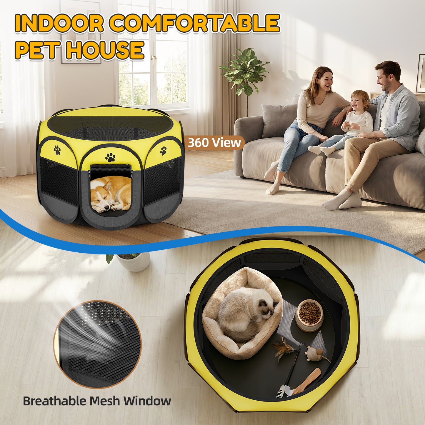 LAKWAR Dog Cat Playpen, Puppy Pet Playpen Indoor for Small Dog Crate Tent Cage Outdoor, Portable Pop Up Dogs Enclosure Kennel for Dogs/Cats/Rabbits-Medium