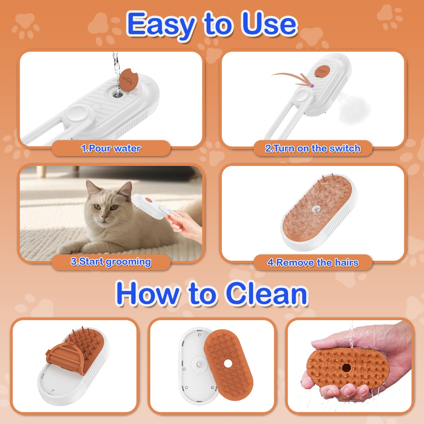 Cat Steam Brush for Shedding Dog Brush with Steam Pet Hair Cleaning Brush Comb for Spray 3 in 1 Pet Grooming for Long & Short Haired Pets – Spritz Defur Comb for Cat