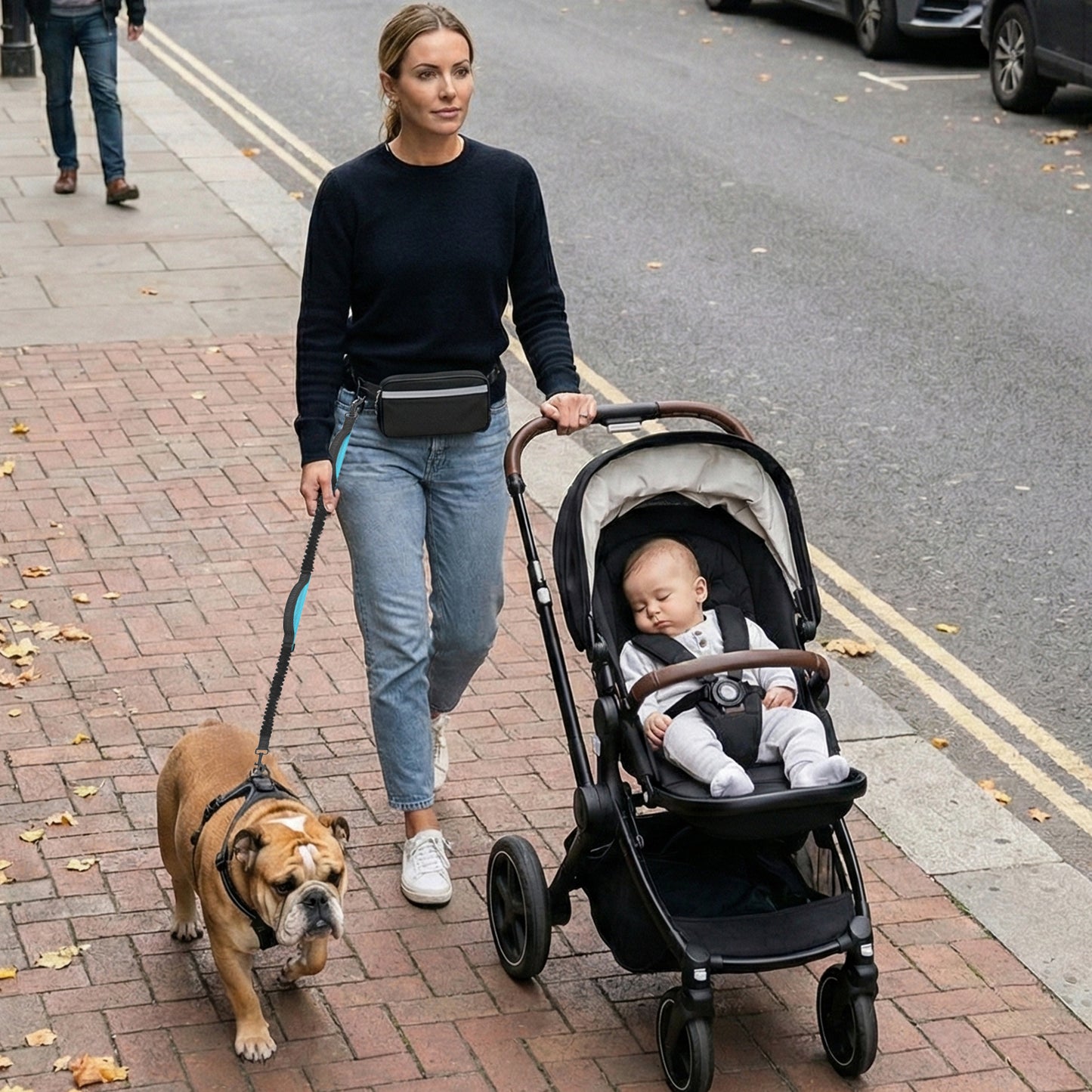 Hands Free Dog Leash for Running Jogging Walking with Zipper Pouch, Retractable Bungee Dog Leash Belt with Dual Padded Handles for Large/Medium Dogs, Adjustable Reflective Waist Belt