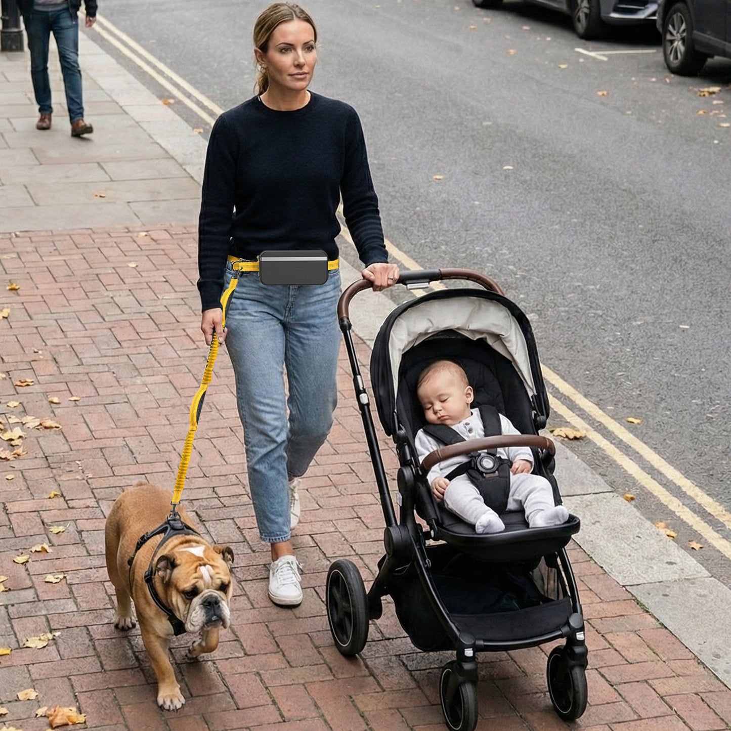 Hands Free Dog Leash for Running Jogging Walking with Zipper Pouch, Retractable Bungee Dog Leash Belt with Dual Padded Handles for Large/Medium Dogs, Adjustable Reflective Waist Belt-Yellow