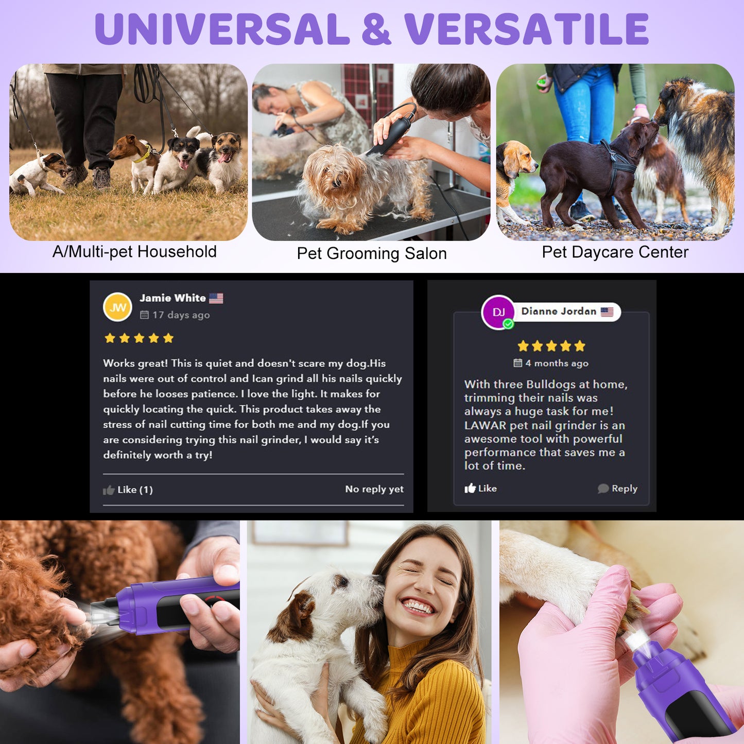 Dog Nail Trimmer Upgraded, Lighted 6-Speed Rechargeable Electric Dog Nail Clippers Pet Nail Trimmer Painless Paws Grooming & Smoothing for Small Medium Large Dogs & Cats (Purple)