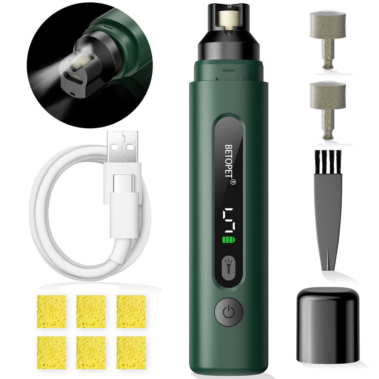 Dog Nail Grinder with LED Light, 5-Speed Quiet Dog Nail Trimmer-Safe Painless Nail Grooming & Smoothing for Small Medium Large Dog Breed,Green