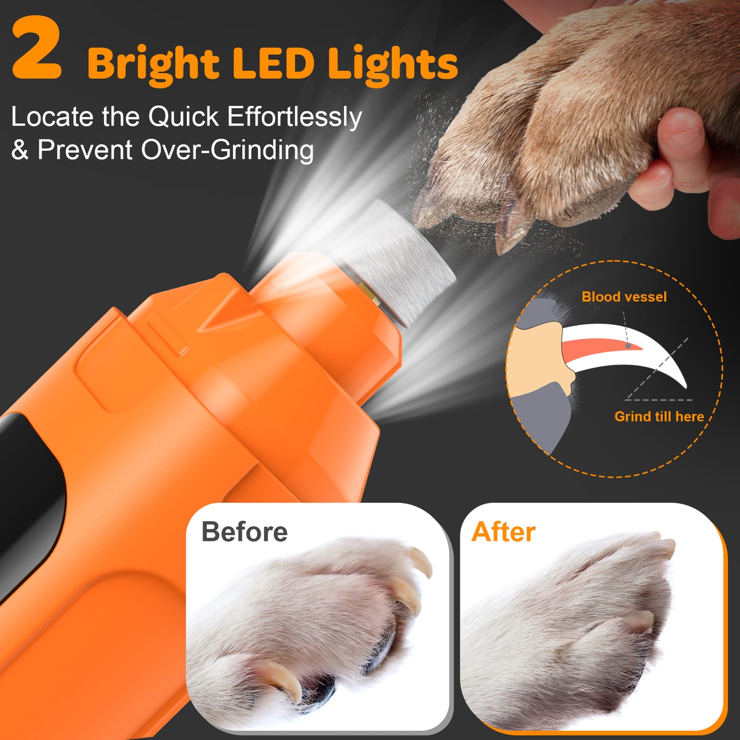 LAKWAR Dog Nail Grinder,6-Speed Pet Nail Grinder W/Light Quiet Rechargeable Electric Dog Nail Trimmer Painless Paws Grooming & Smoothing Tool for Large Medium Small Dogs(Orange)