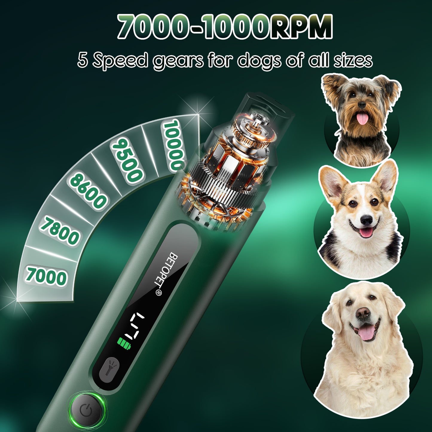 Dog Nail Grinder with LED Light, 5-Speed Quiet Dog Nail Trimmer-Safe Painless Nail Grooming & Smoothing for Small Medium Large Dog Breed,Green