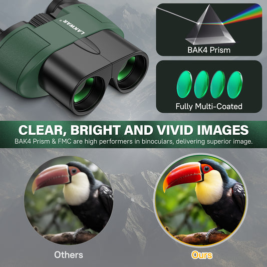 LAKWAR Compact Binoculars 10X25, Binoculars for Adults and Kids with Weak Light Vision, Lightweight Small Binoculars for Bird Watching, Travel, Concerts, Hunting, Hiking