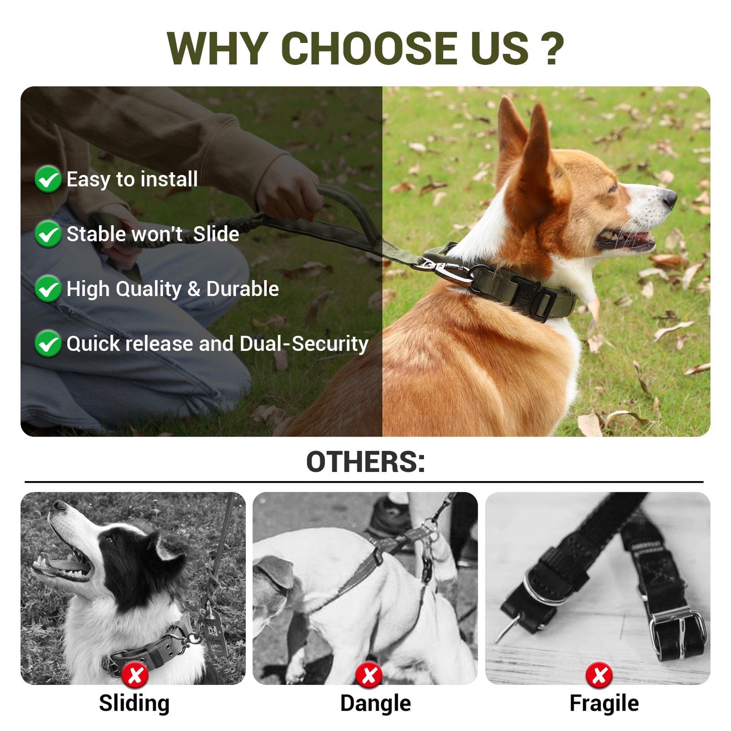 LAKWAR Tactical Dog Collar and Leash Set, Adjustable Military Training Nylon Dog Collar with Handle and Heavy Metal Buckle for Medium and Large Dogs (XL, Black-Set)