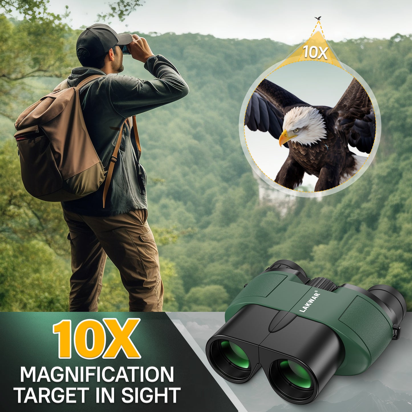 LAKWAR Compact Binoculars 10X25, Binoculars for Adults and Kids with Weak Light Vision, Lightweight Small Binoculars for Bird Watching, Travel, Concerts, Hunting, Hiking
