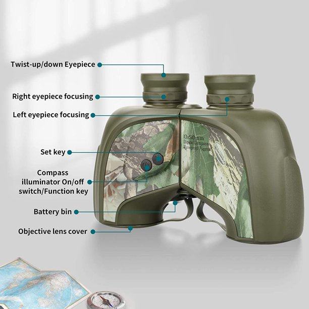 LAKWAR 10x50 Binoculars for Adults with Rangefinder and LCD Digital Compass Temperature, Compact Binoculars for Birdwatching, Marine, Hunting (10x50 Green)