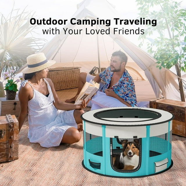 LAKWAR Large Pet Playpen for Dogs & Cats, 29"/72CM Diameter 16"/40cm Height Pet Playpens Foldable Portable Indoor Outdoor Exercise Pen with Carrying Case for Cat Puppy Rabbit(Cyan S)
