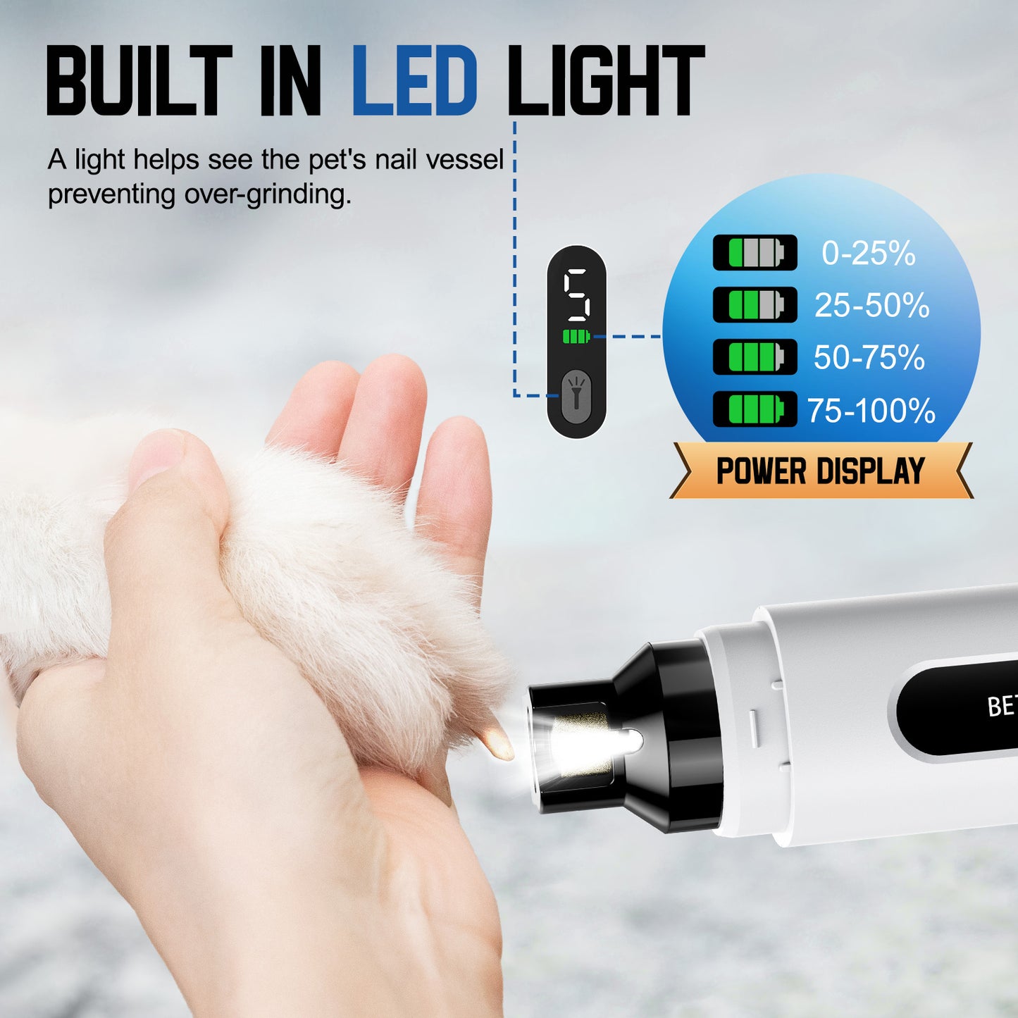 Dog Nail Grinder With LED Light, 5-Speed Quiet Dog Nail Trimmer-Safe Painless Nail Grooming & Smoothing for Small Medium Large Dog Breed,White