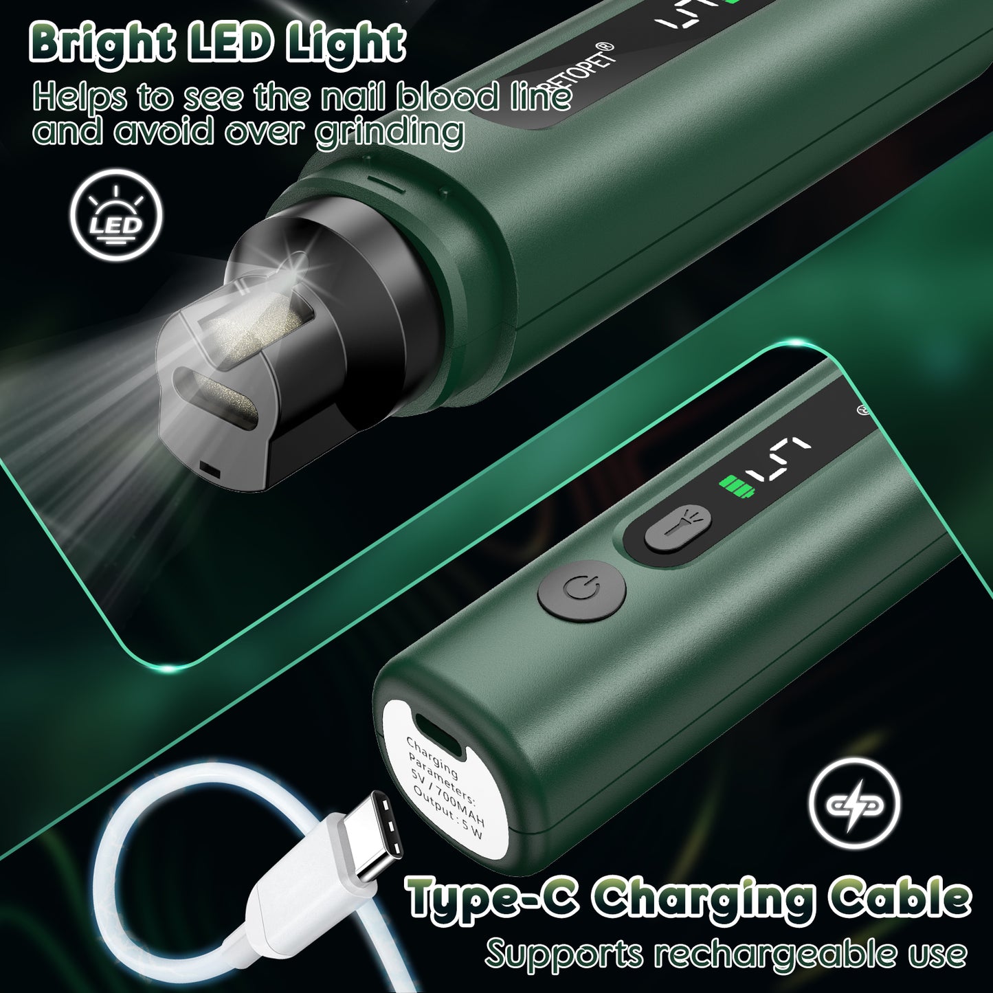 Dog Nail Grinder with LED Light, 5-Speed Quiet Dog Nail Trimmer-Safe Painless Nail Grooming & Smoothing for Small Medium Large Dog Breed,Green
