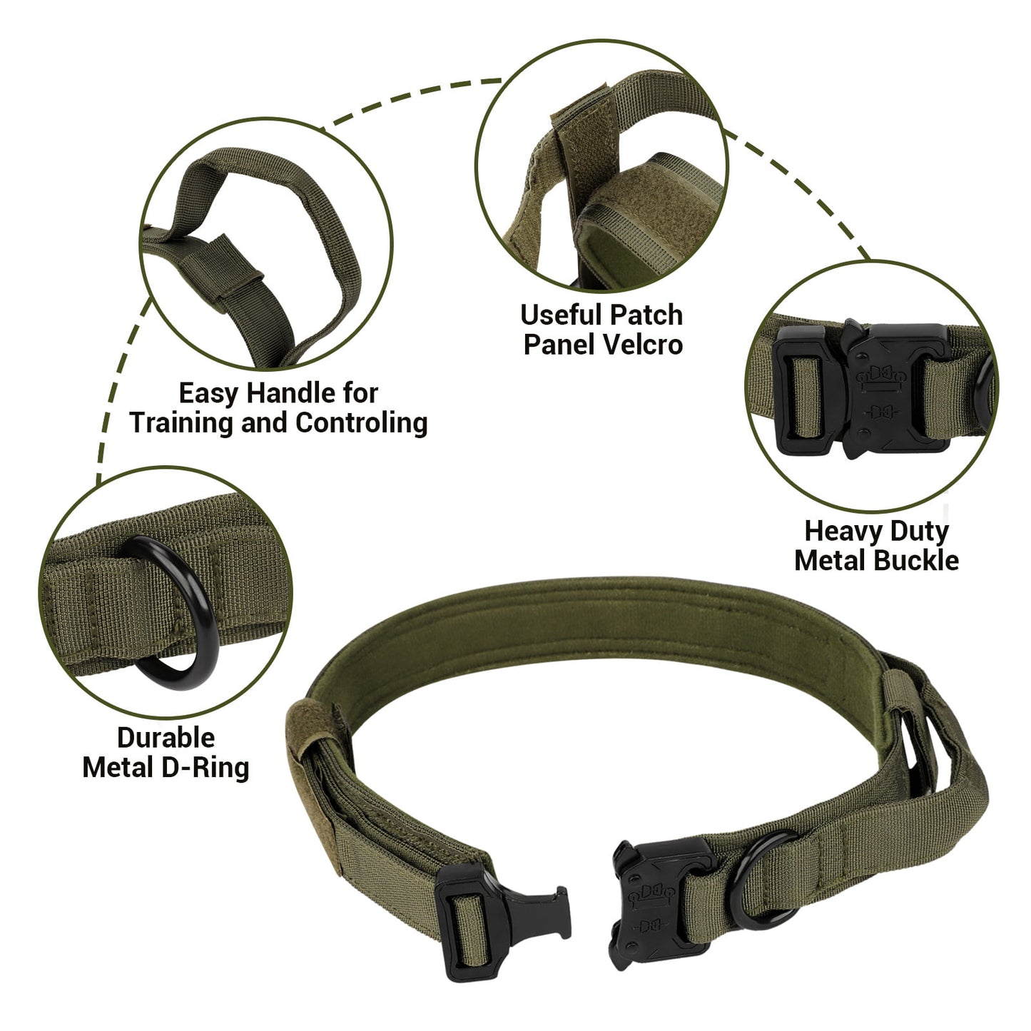 LAKWAR Tactical Dog Collar and Leash Set, Adjustable Military Training Nylon Dog Collar with Handle and Heavy Metal Buckle for Medium and Large Dogs (L, Green-Set)