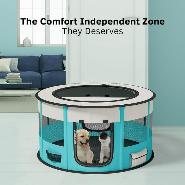LAKWAR Large Pet Playpen for Dogs & Cats, 29"/72CM Diameter 16"/40cm Height Pet Playpens Foldable Portable Indoor Outdoor Exercise Pen with Carrying Case for Cat Puppy Rabbit(Cyan S)