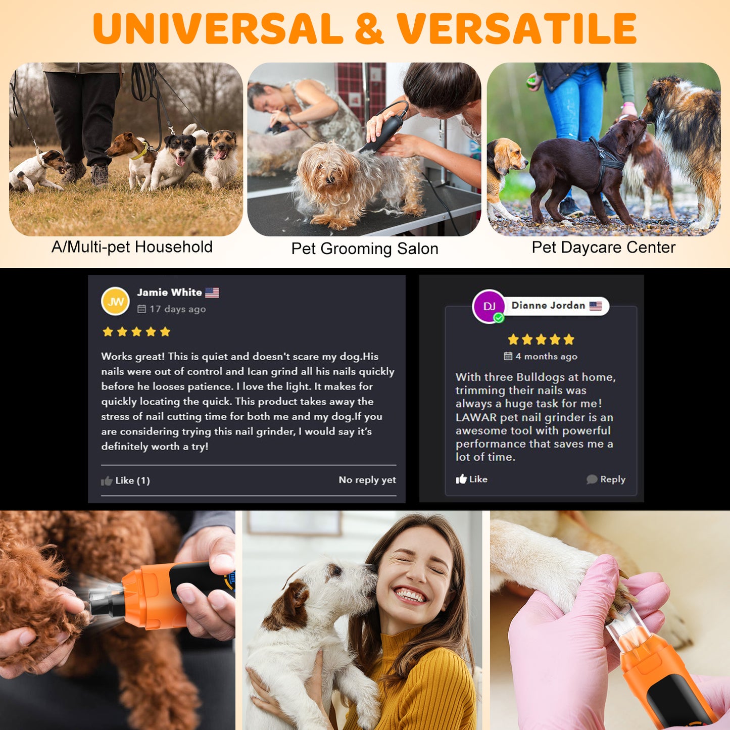 LAKWAR Dog Nail Grinder,6-Speed Pet Nail Grinder W/Light Quiet Rechargeable Electric Dog Nail Trimmer Painless Paws Grooming & Smoothing Tool for Large Medium Small Dogs(Orange)