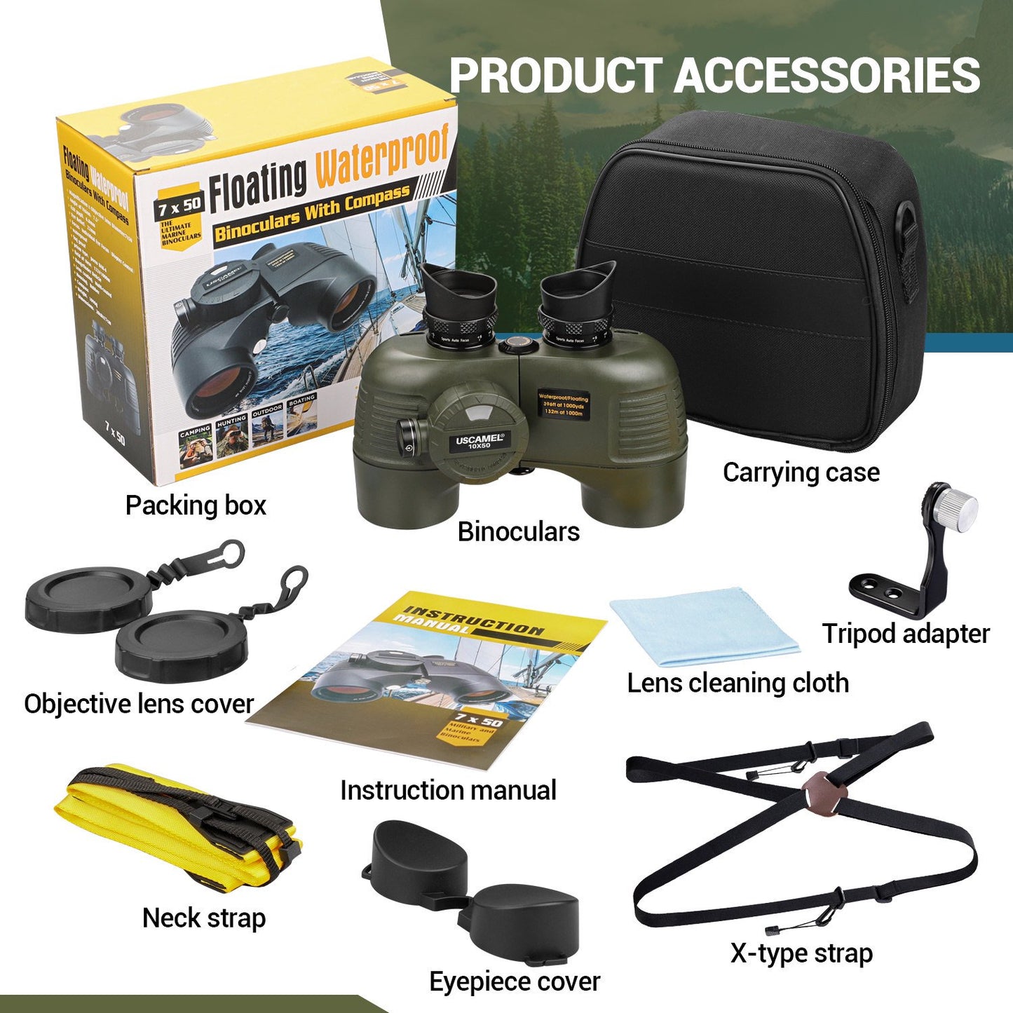 LAKWAR 10x50 Ultimate Marine Binoculars, HD Bak4 FMC High-Contrast-Optics, Illuminated Analog Rangefinder Compass, Waterproof Durable, for Boating Adults Hunting - Army Green