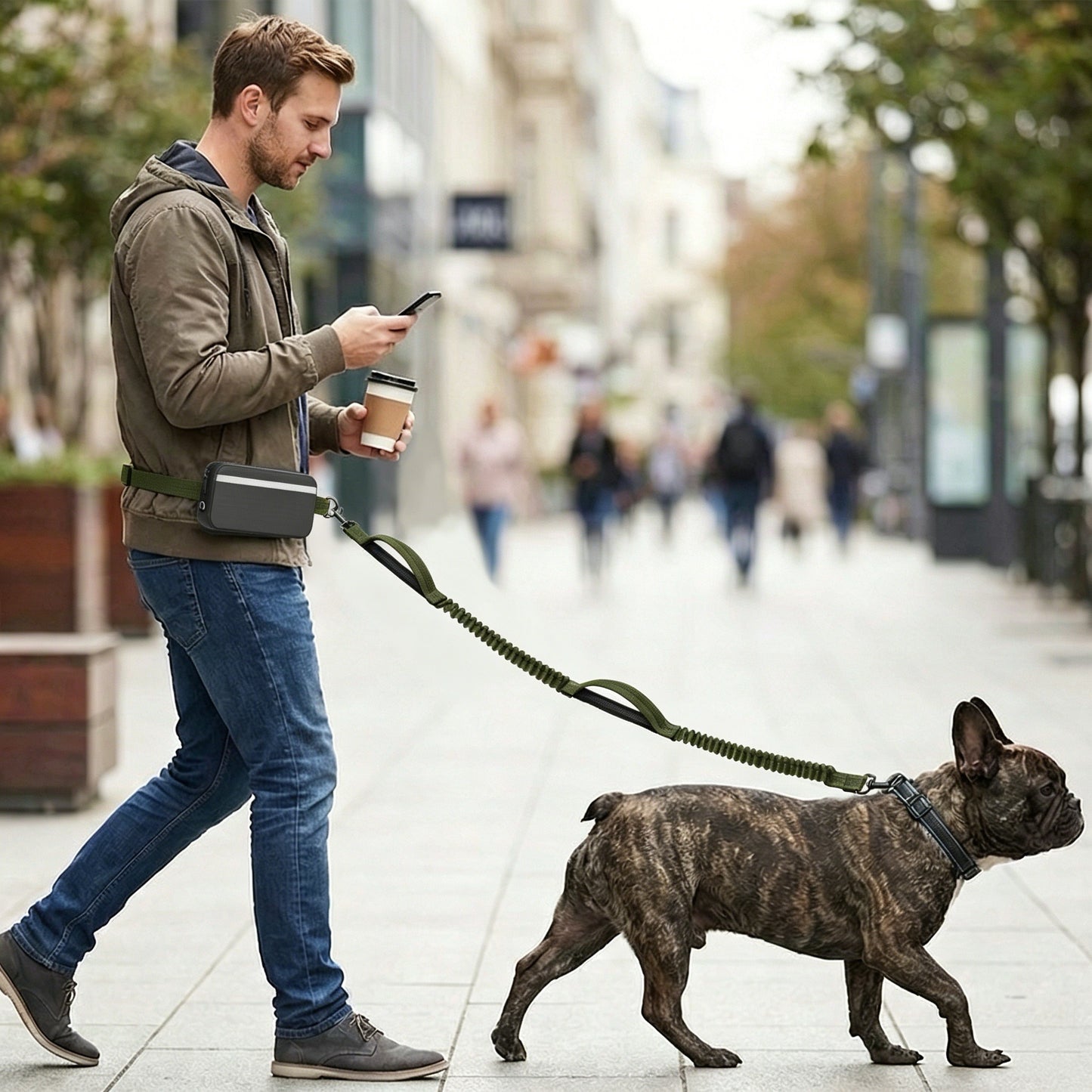 LAKWAR Hands Free Dog Leash for Running Jogging Walking with Zipper Pouch, Retractable Bungee Pet Leash Belt with Dual Padded Handles for Large Medium Dogs, Adjustable Reflective Waist Belt