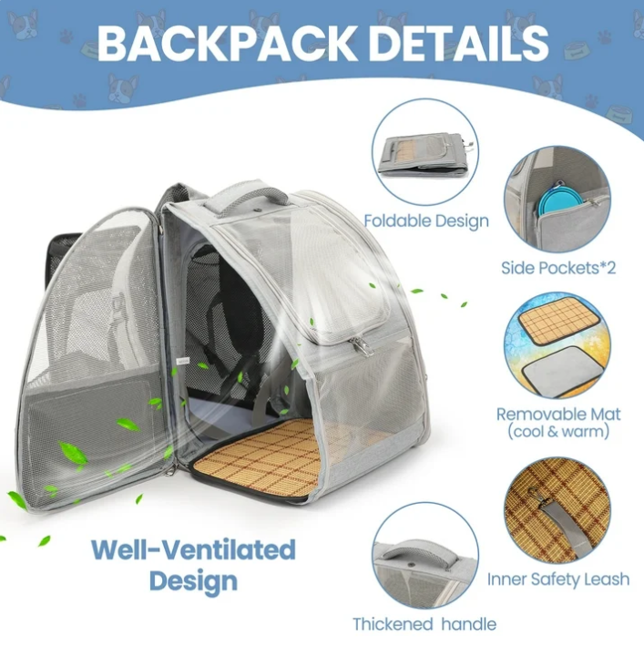 Pet Carrier Backpack for Dogs and Cats, Expandable Foldable Cat Puppy Outdoor Backpackk with Breathable Mesh, Gray, 20 lb Limit