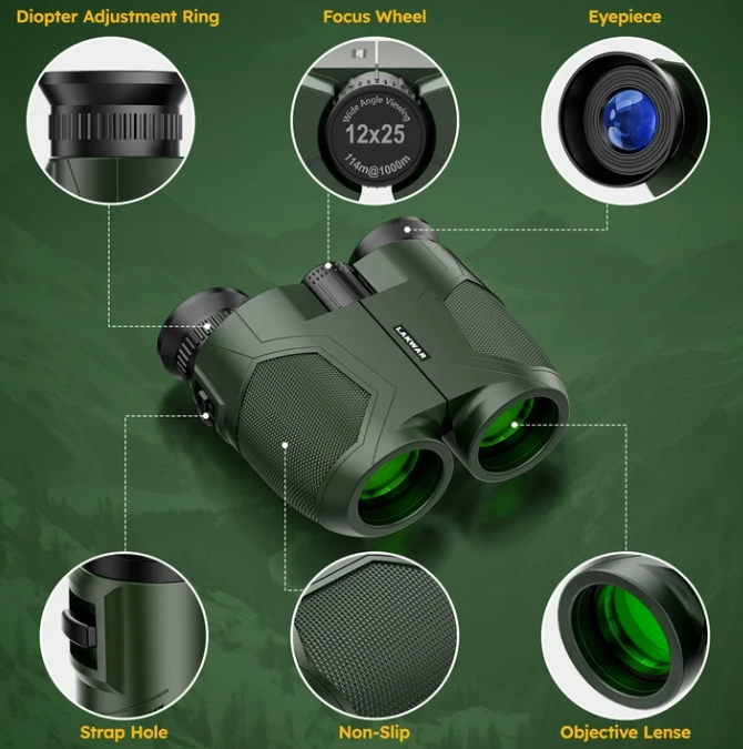 Compact Binoculars for Adults-12x25 Small Binoculars for Bird Watching Hunting Waterproof Porro Prism Binoculars (Green)