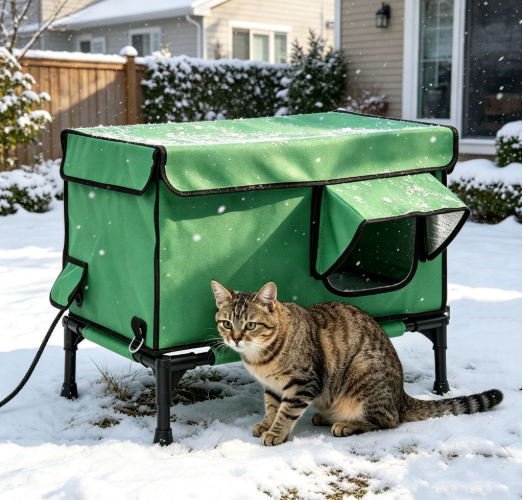 Heated Cat House with Heating Pad, Weatherproof Insulated Winter Shelter for Outside with 2 Escape Door, Outdoor Waterproof Warm Home for Feral and Stray Cat