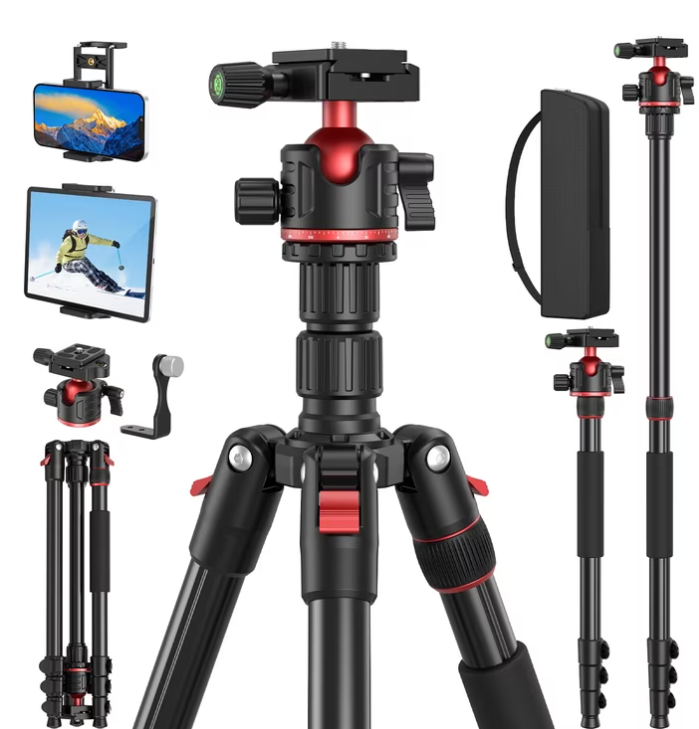 Camera Tripod, Quick-Setup Aluminum DSLR Tripod 67" Monopod-360° Panoramic Metal Ball Head-With Carry Bag,Portable Tripod Phone Adapters,Binoculars Adapters