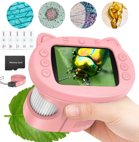 Handheld Microscope for Kids with 2.4" Large Screen, STEM Science Toy Digital Microscope for Boys and Girls Edu Science Kit Gift for Kids-Pink