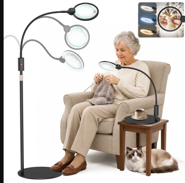 LAKWAR 3 in 1 Magnifying Glass for Floor and Desk, Cordless Rechargeable Lighted Magnifying Lamp with 360° Flexible Gooseneck Heavy Base Hands-Free Magnifier for Reading, Sewing, Crafts, Close Work