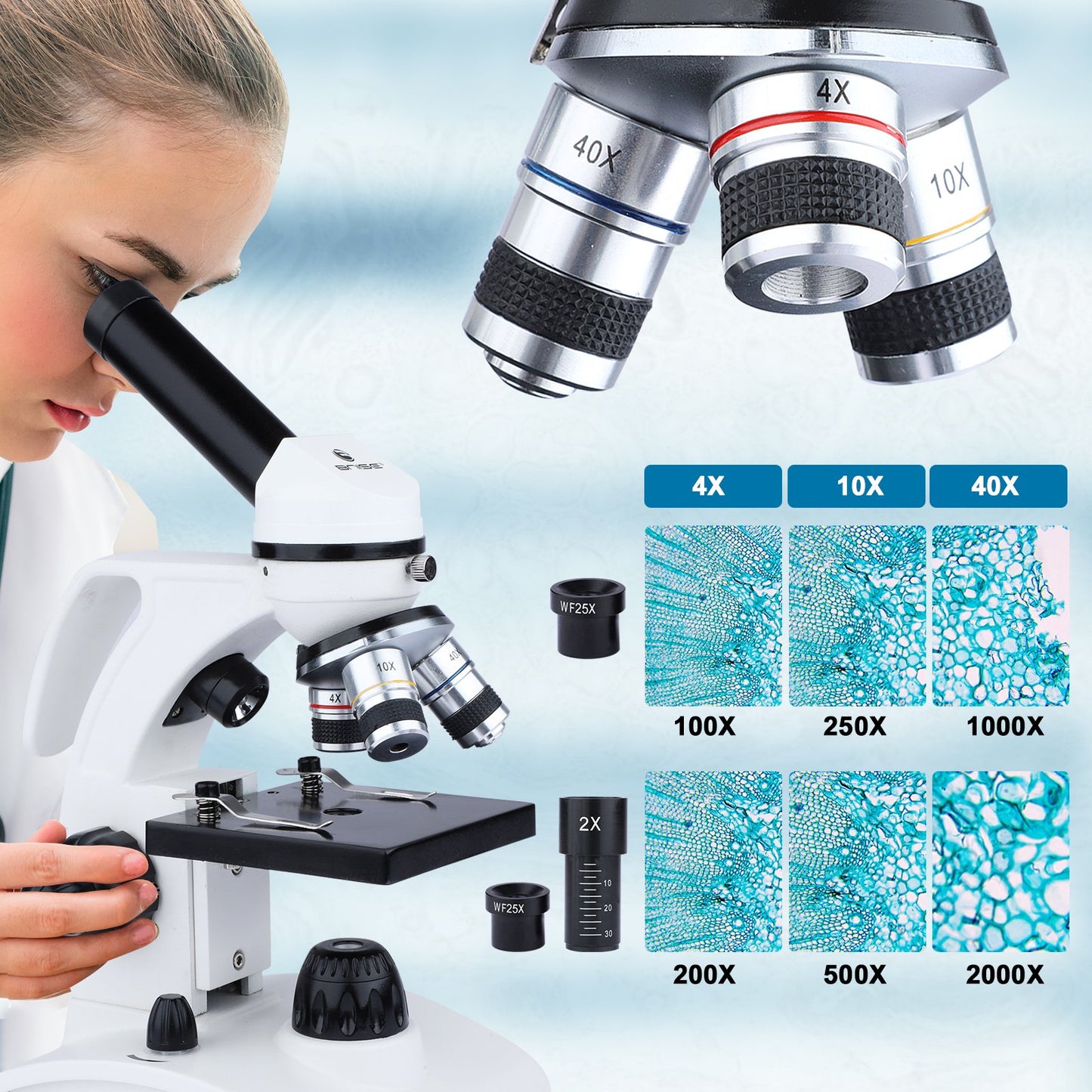 LAKWAR 100X-2000X Microscopes for Kids Students Adult,with Microscope Slides Set, Phone Adapter, Powerful Biological Microscopes for School Laboratory Home Education