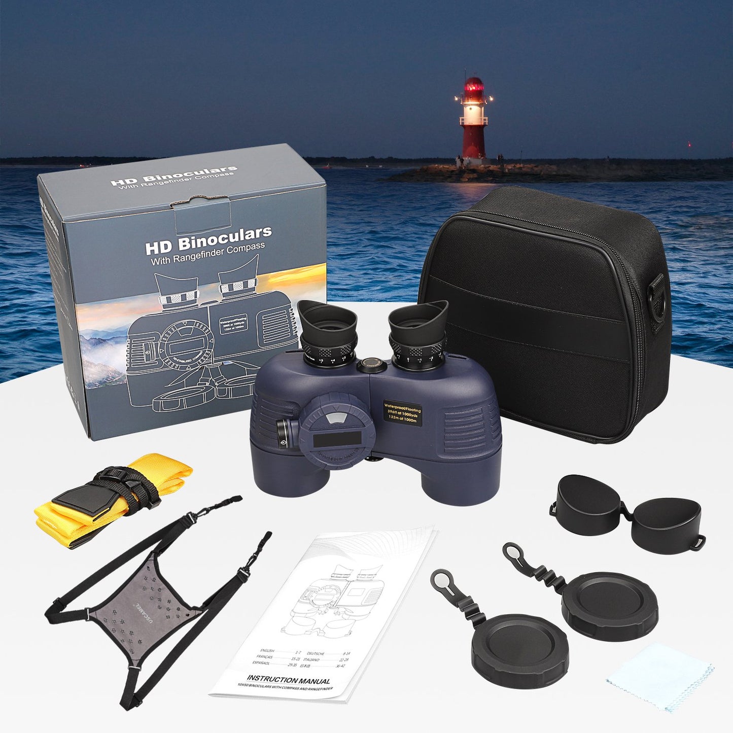 LAKWAR 10x50 Marine Binoculars,Waterproof Fogproof Military Binoculars w/Internal Rangefinder & Compass for Navigation,Boating,Fishing,Water Sports,Hunting and More