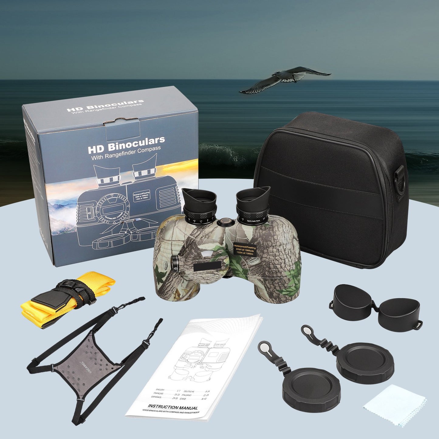 LAKWAR 10x50 Marine Binoculars for Adults - Waterproof BAK4 Prism FMC Lens Binoculars with Rangefinder & Compass for Military Navigation Hunting Bird Watching