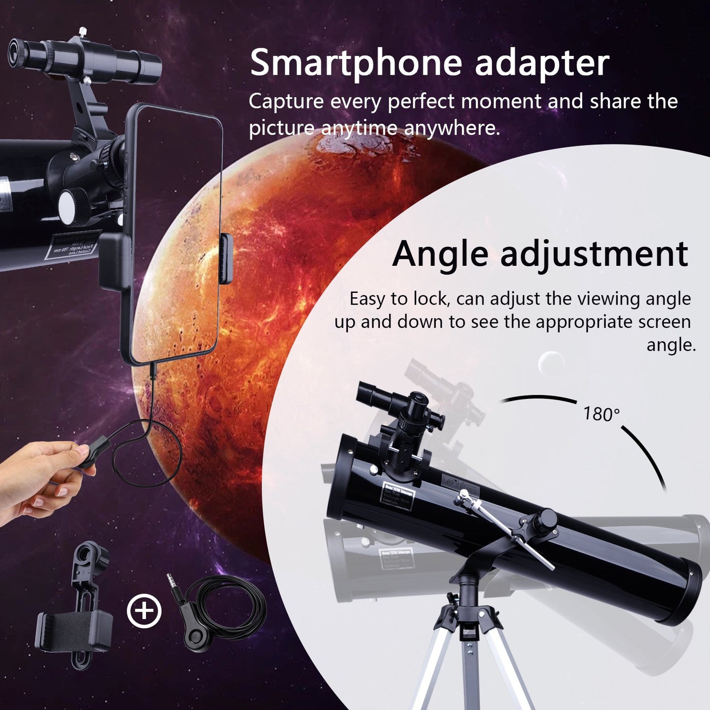 LAKWAR Telescope for Beginners, Kids, Adults, 700mm/76mm Starter Scope Astronomical Reflector Telescope with Tripod, Wire Shutter, Phone Adapter, Black