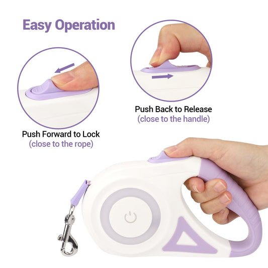 LAKWAR Dog Retractable Leash with Light, 16.4ft Heavy Duty Dog Leash with Anti-Slip Handle,Pet Walking Leash for Small and Medium Dogs,Purple