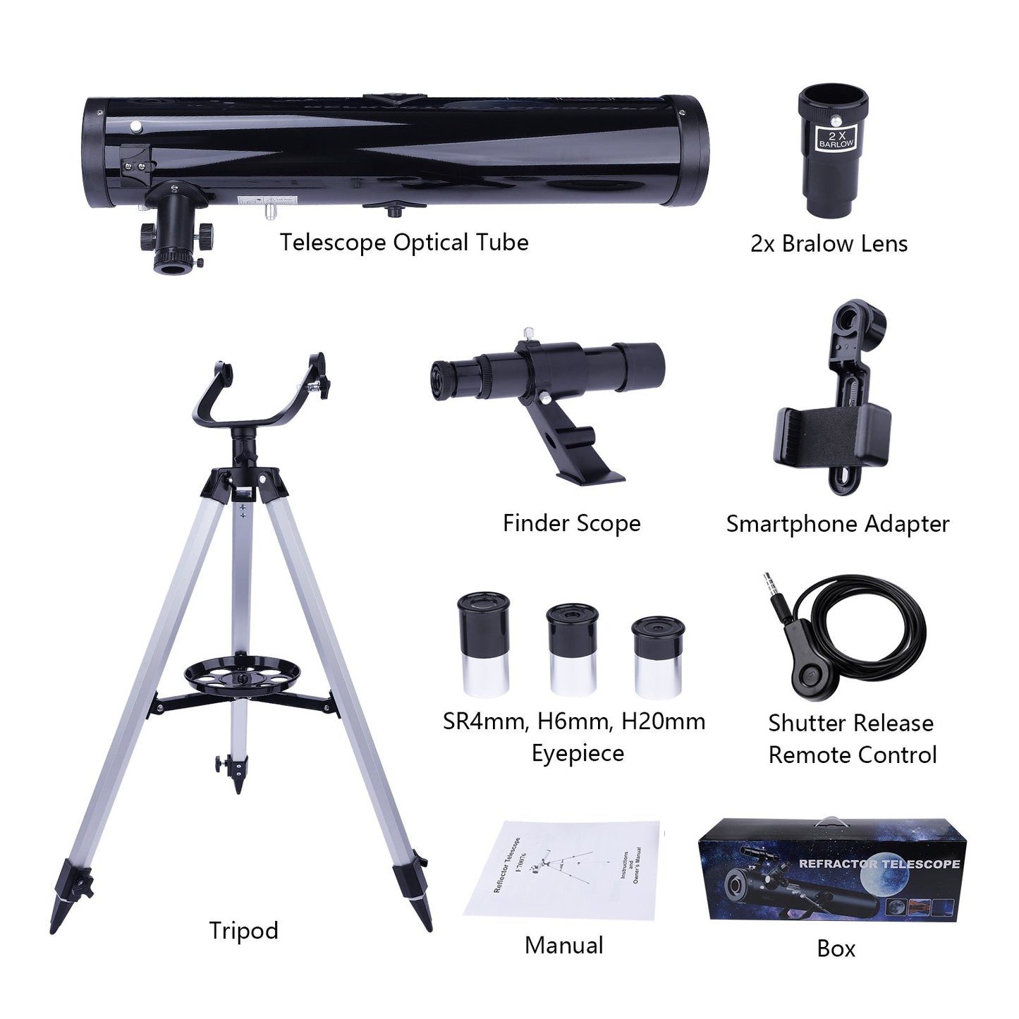 LAKWAR Telescope for Beginners, Kids, Adults, 700mm/76mm Starter Scope Astronomical Reflector Telescope with Tripod, Wire Shutter, Phone Adapter, Black