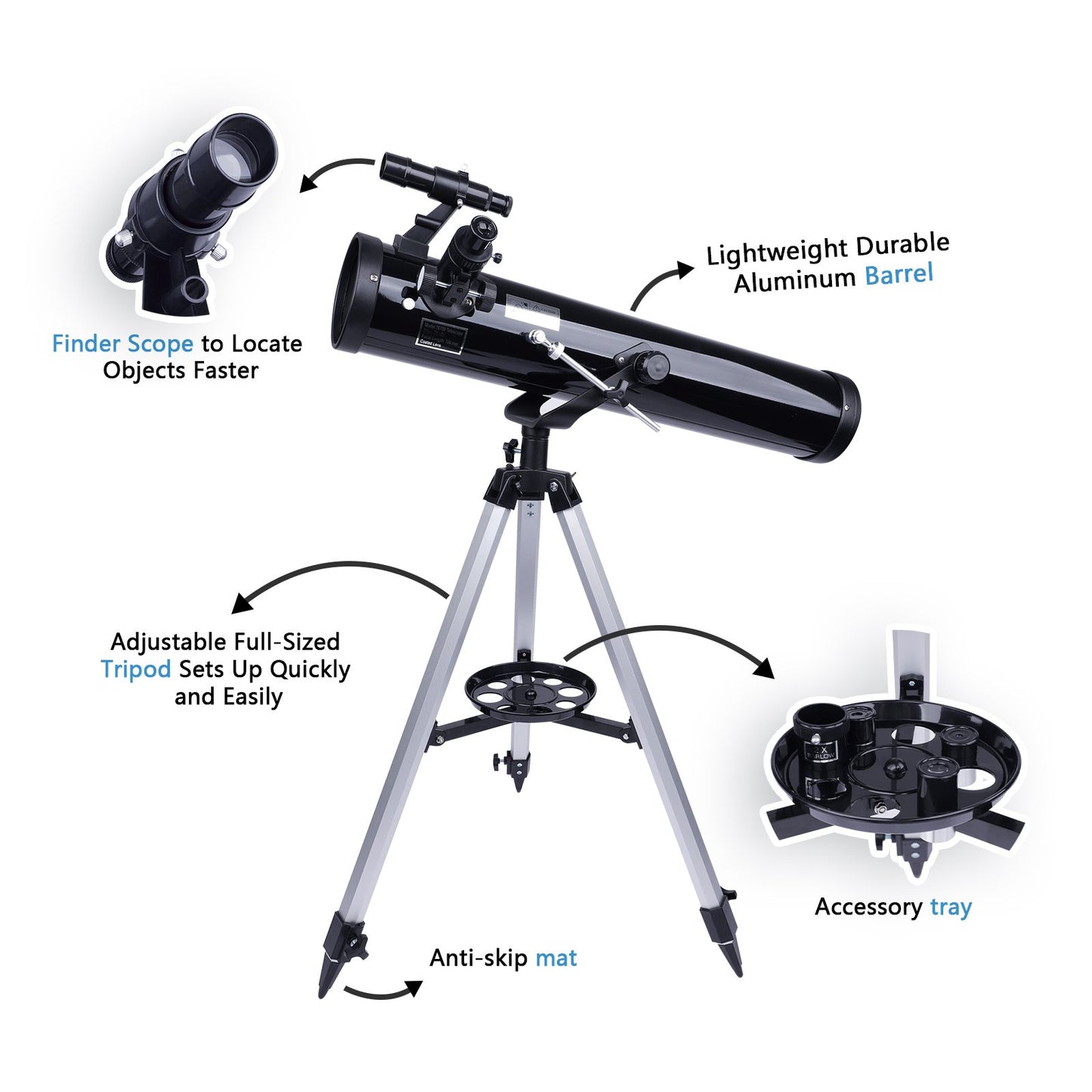 LAKWAR Telescope for Beginners, Kids, Adults, 700mm/76mm Starter Scope Astronomical Reflector Telescope with Tripod, Wire Shutter, Phone Adapter, Black