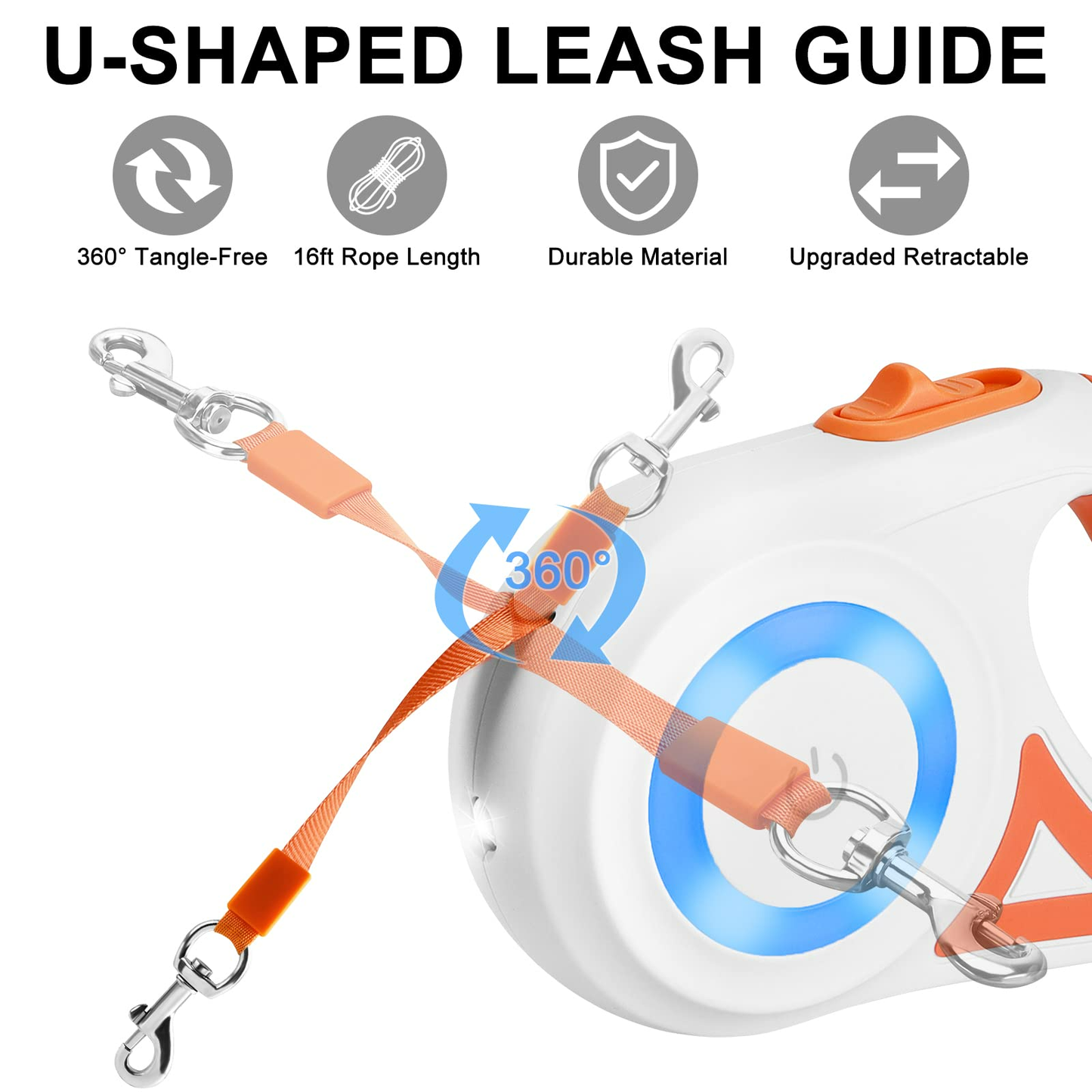LAKWAR Dog Retractable Leash with Light, 16.4ft Heavy Duty Dog Leash with Anti-Slip Handle,Pet Walking Leash for Small and Medium Dogs,Orange
