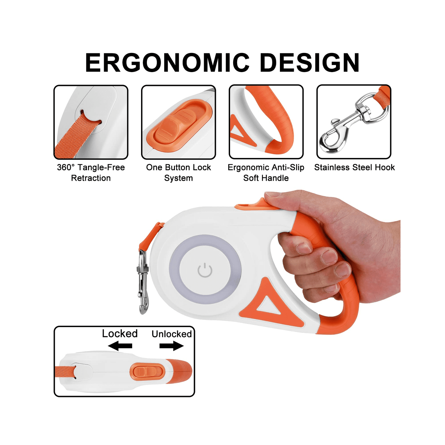 LAKWAR Dog Retractable Leash with Light, 16.4ft Heavy Duty Dog Leash with Anti-Slip Handle,Pet Walking Leash for Small and Medium Dogs,Orange