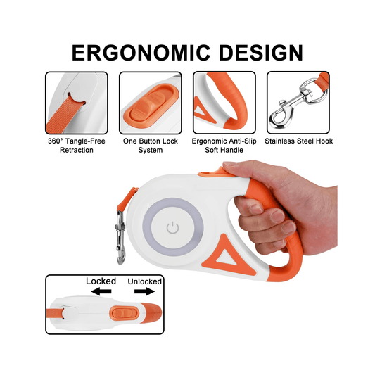 LAKWAR Dog Retractable Leash with Light, 16.4ft Heavy Duty Dog Leash with Anti-Slip Handle,Pet Walking Leash for Small and Medium Dogs,Orange