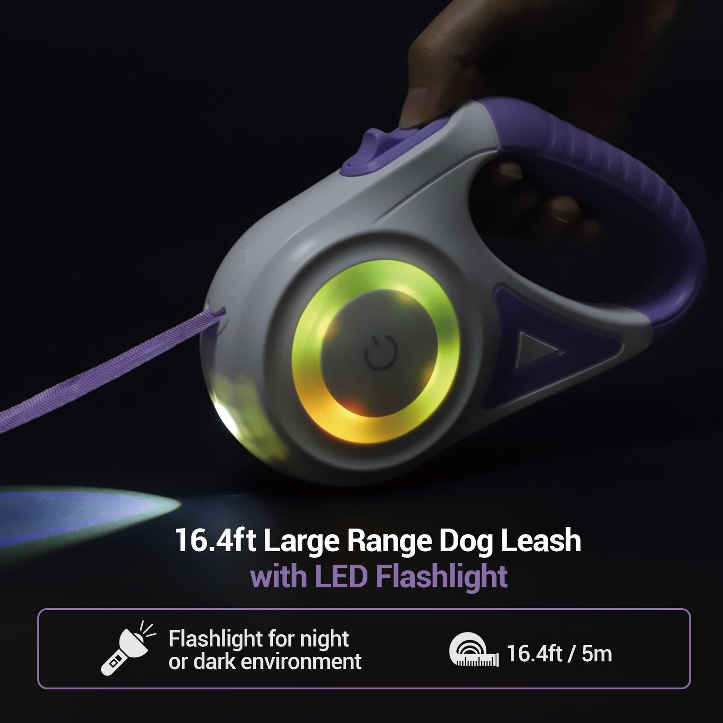 LAKWAR Dog Retractable Leash with Light, 16.4ft Heavy Duty Dog Leash with Anti-Slip Handle,Pet Walking Leash for Small and Medium Dogs,Purple