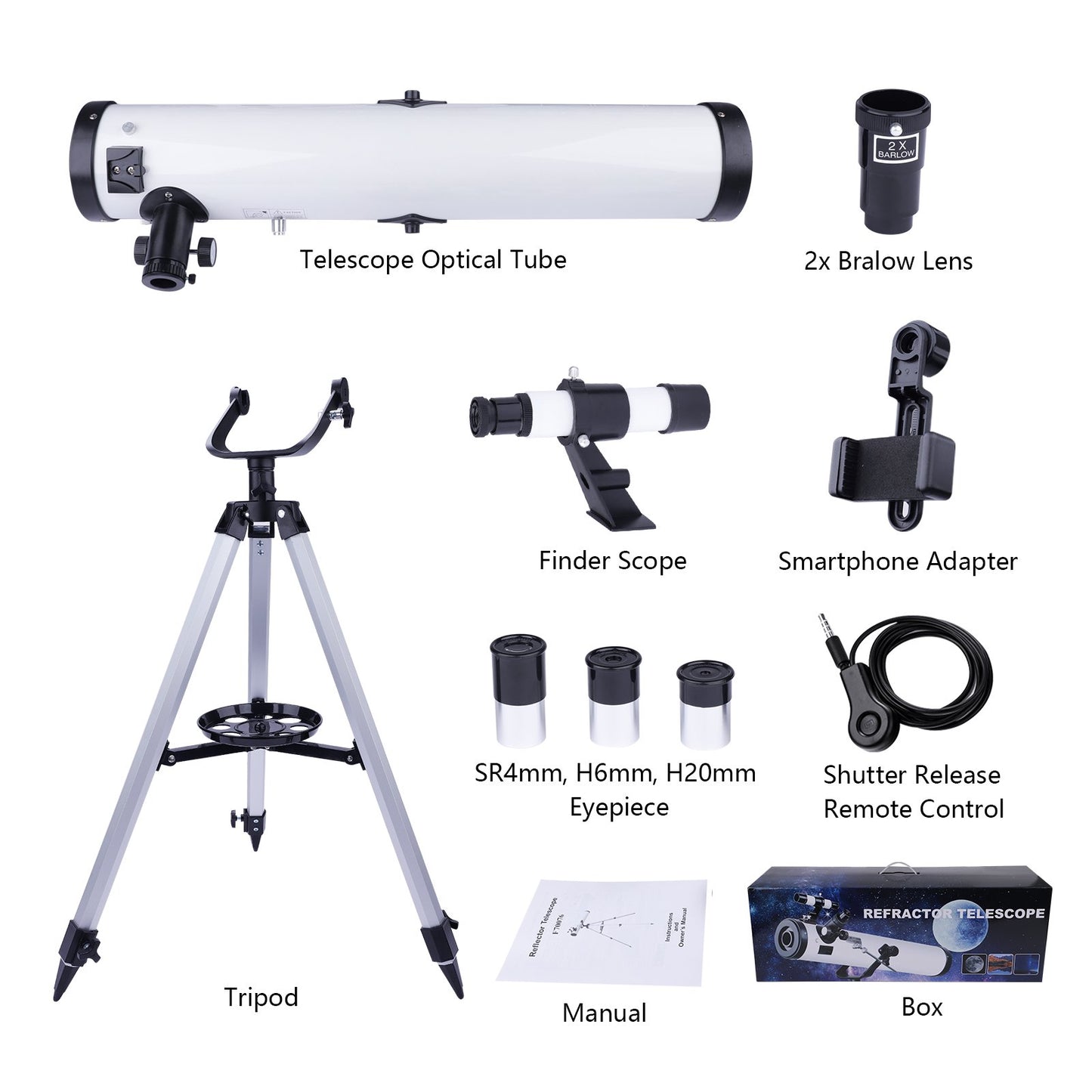 LAKWAR Telescope for Beginners, Kids, Adults, 700mm/76mm Starter Scope Astronomical Reflector Telescope with Tripod, Wire Shutter, Phone Adapter, White