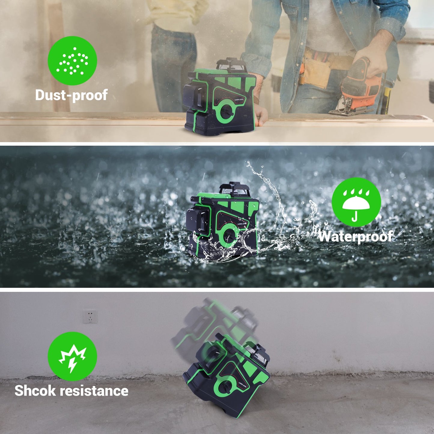 LAKWAR Laser Level,Green 12 Line Laser Levels Self Leveling,3x360 Rotary Laser Level,IP54 Laser Spirit Levels Self/Manual Leveling with Rotary base,Carrying Pouch for Construction,Home Renovation