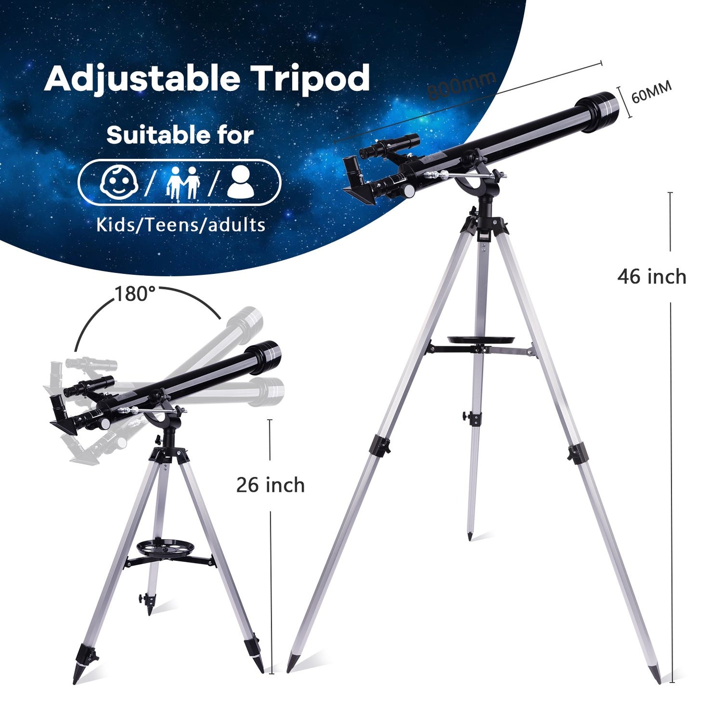 LAKWAR Telescope 60mm Aperture 800mm-Refractor Telescope with Phone Adapter, Beginner Telescope for Kids, Adults Astronomy