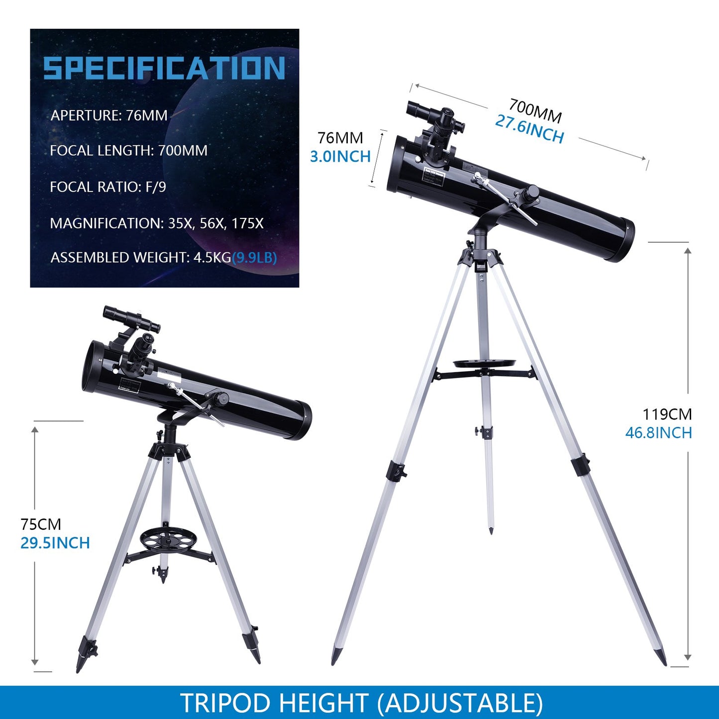 LAKWAR Telescope for Beginners, Kids, Adults, 700mm/76mm Starter Scope Astronomical Reflector Telescope with Tripod, Wire Shutter, Phone Adapter, Black
