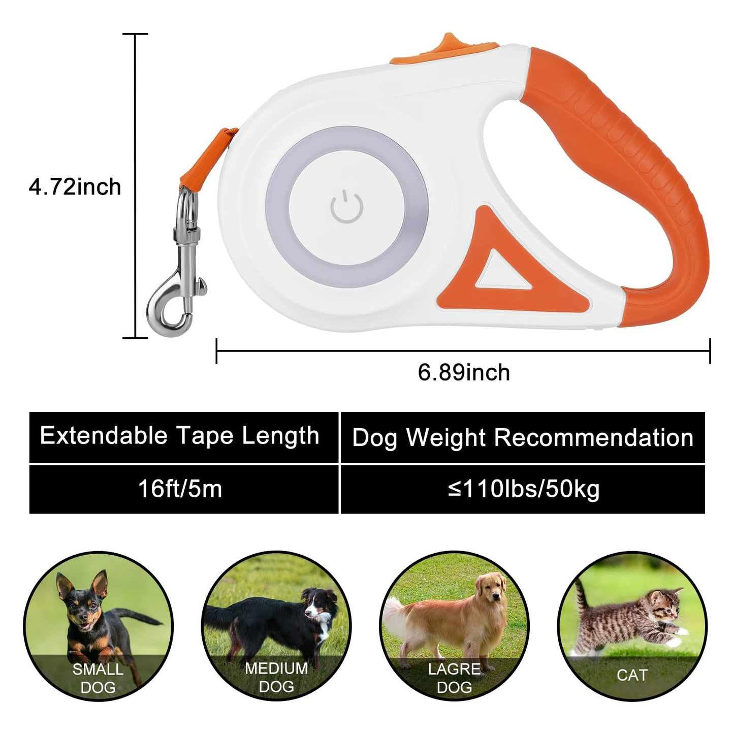 LAKWAR Dog Retractable Leash with Light, 16.4ft Heavy Duty Dog Leash with Anti-Slip Handle,Pet Walking Leash for Small and Medium Dogs,Orange