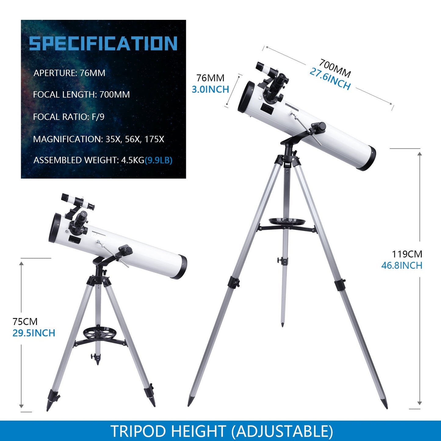 LAKWAR Telescope for Beginners, Kids, Adults, 700mm/76mm Starter Scope Astronomical Reflector Telescope with Tripod, Wire Shutter, Phone Adapter, White