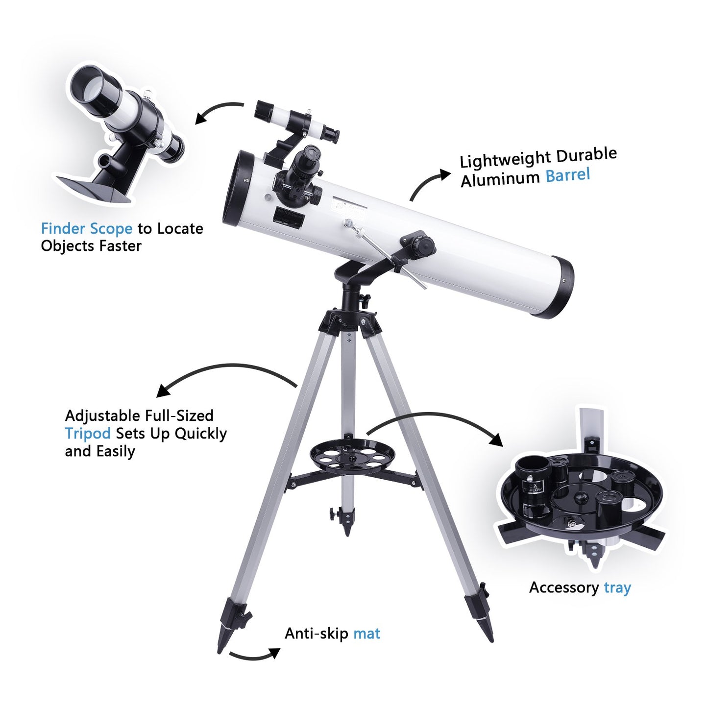 LAKWAR Telescope for Beginners, Kids, Adults, 700mm/76mm Starter Scope Astronomical Reflector Telescope with Tripod, Wire Shutter, Phone Adapter, White