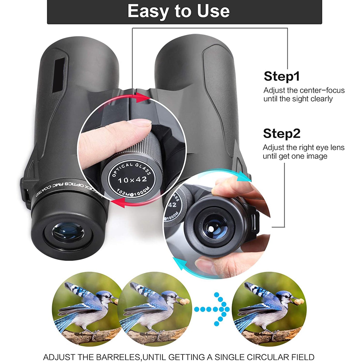 Binoculars for Adults,10x42 Compact HD Binoculars with Low Light Night Vision for Bird Watching Hunting Hiking Travel Stargazing Concerts Sports, BAK4 Prism FMC Lens,Black