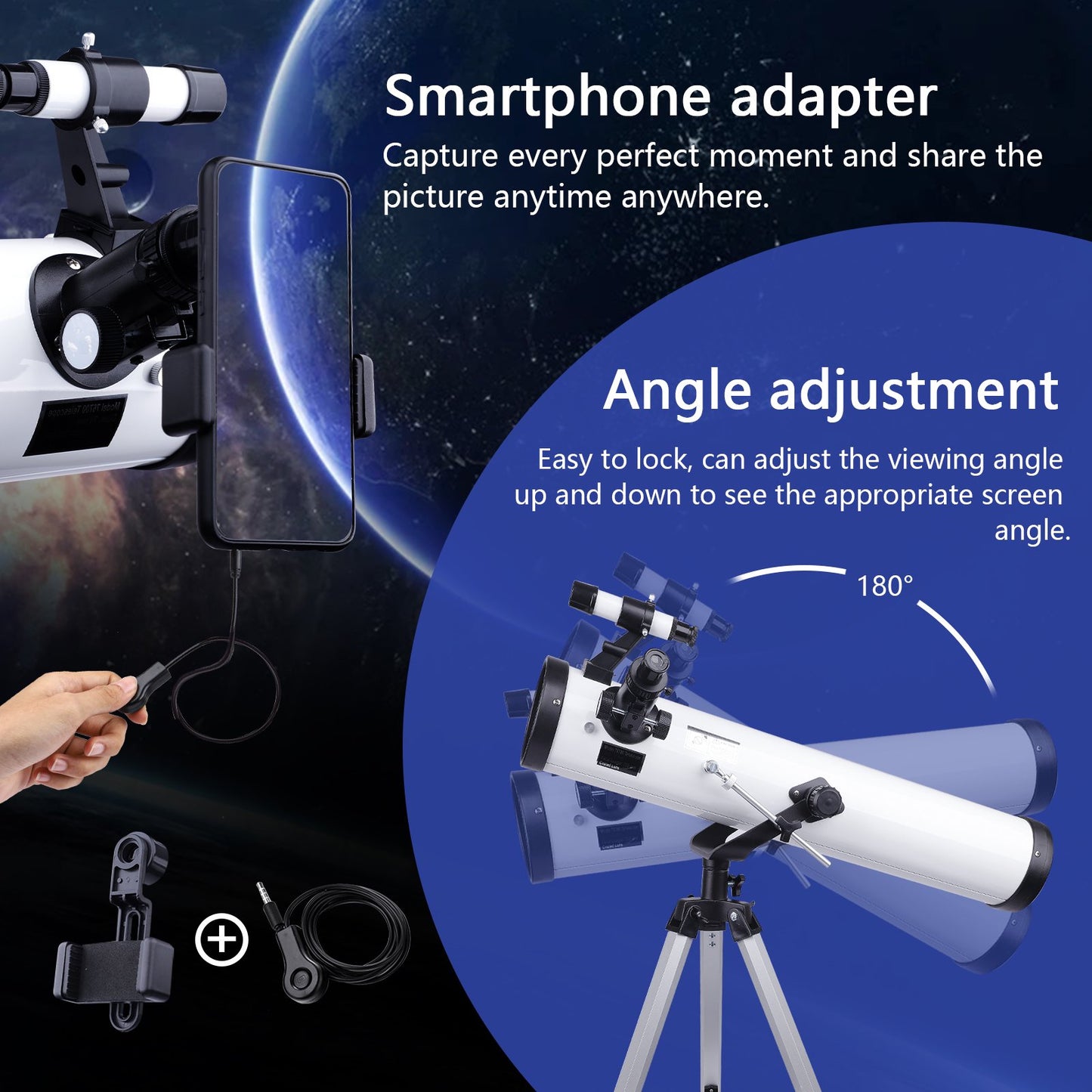 LAKWAR Telescope for Beginners, Kids, Adults, 700mm/76mm Starter Scope Astronomical Reflector Telescope with Tripod, Wire Shutter, Phone Adapter, White