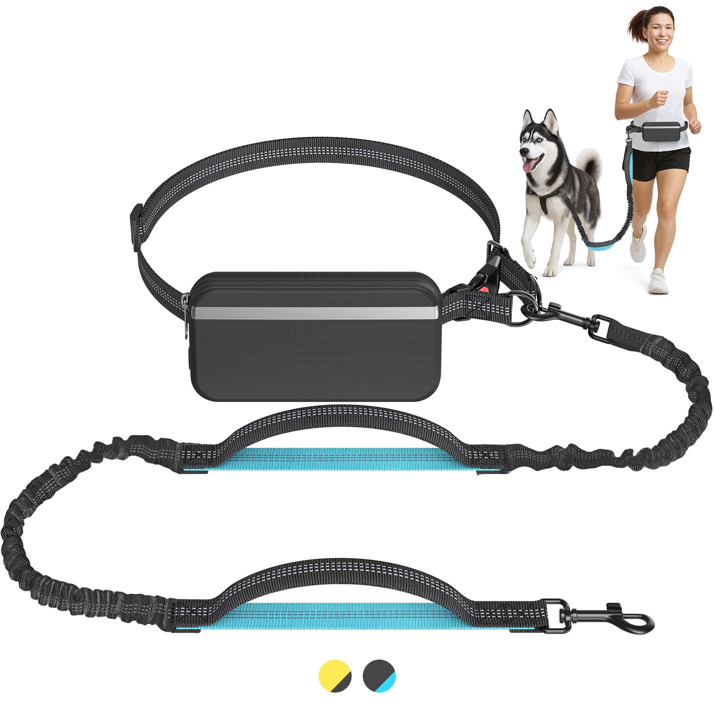 Hands Free Dog Leash for Running Jogging Walking with Zipper Pouch, Retractable Bungee Dog Leash Belt with Dual Padded Handles for Large/Medium Dogs, Adjustable Reflective Waist Belt